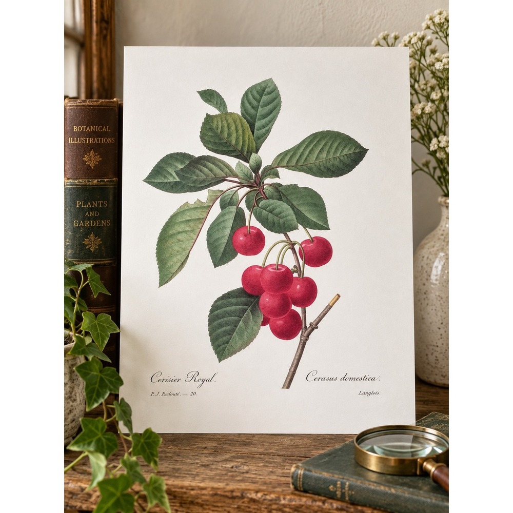 P.J. Redoute Cerisier Royal Botanical Book Plate Red Cherry Fruit Branch 11x14